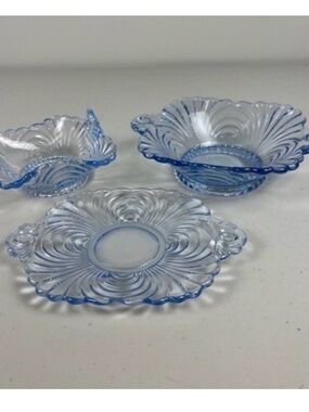 Vintage Cambridge Glass Caprice in Moonlight Blue Swirl Bowls and Tray Set 3pc